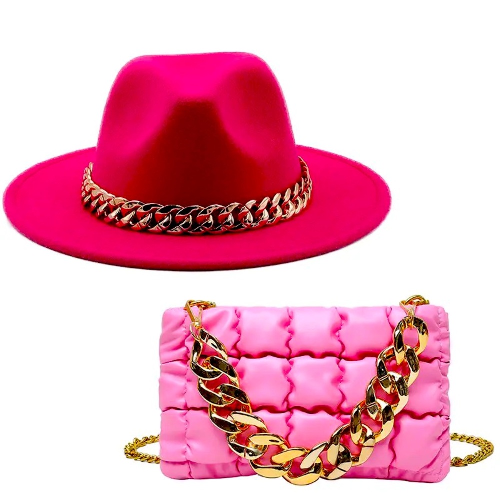 Dark pink chain hat and bag set